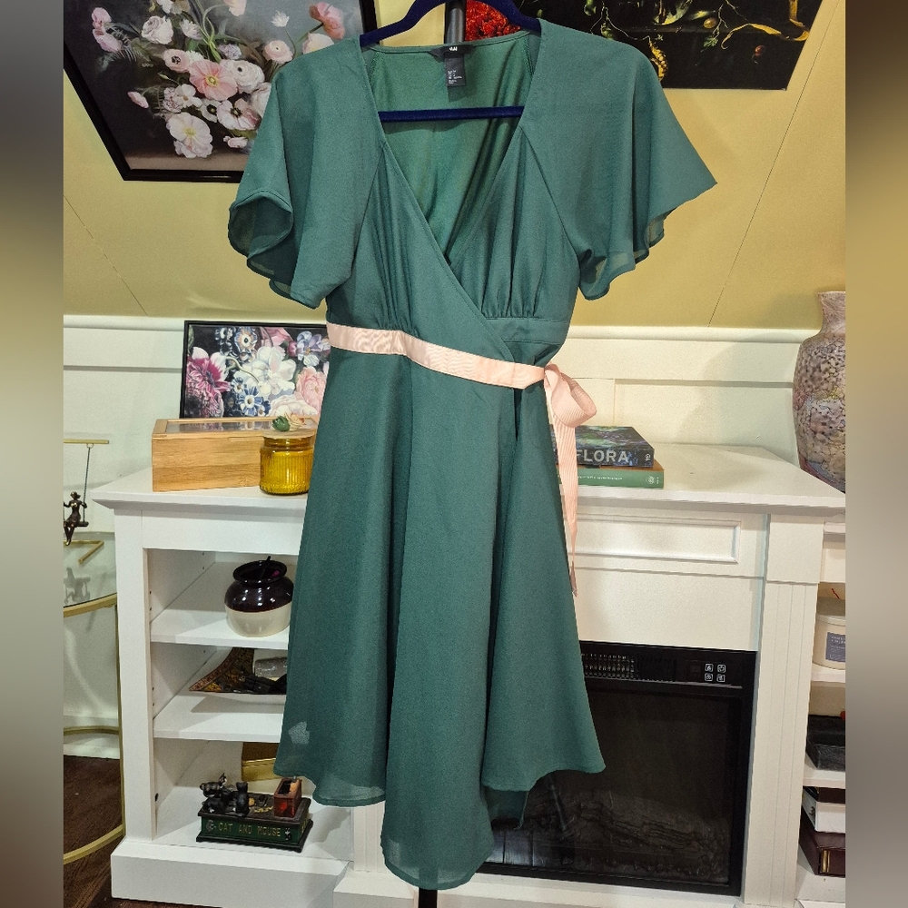 H&M Green Midi Dress with Pink Belt
